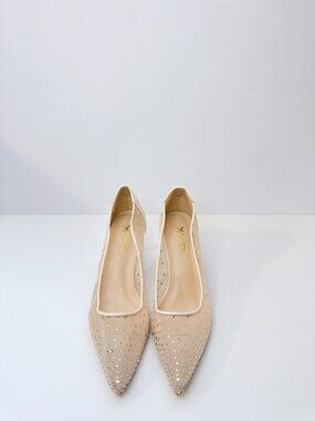 Women’s Size 7.5 Pink Beige Rhinestone Mesh Pointed Toe Heels XYD